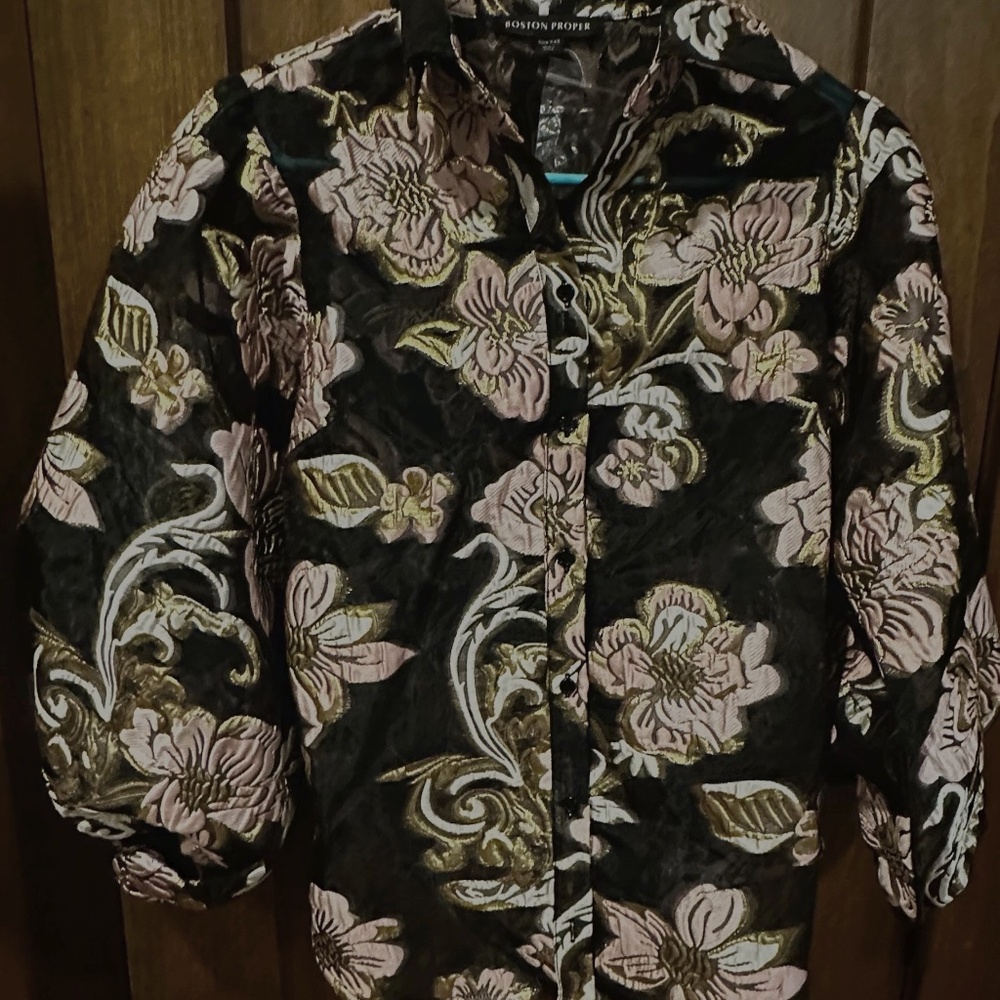 Foil Burnout Organza Balloon Sleeve Shirt